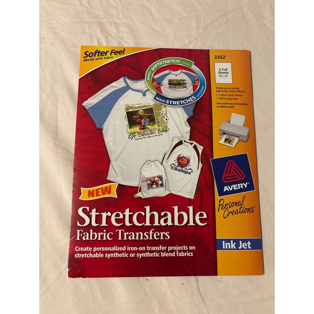 Avery‎ Stretchable Fabric Transfers Ink Jet 3302 5 Sheets 8.5x11 White New DIY